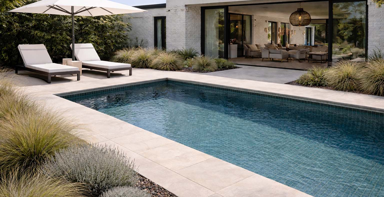 Natural stone pool surrounds beside a landscaped garden and outdoor living area